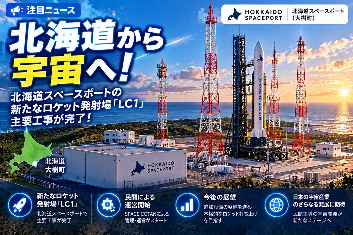 masa_make's tweet photo. 🚀【注目ニュース｜日本の宇宙開発が前進！】✨

北海道大樹町の「北海道スペースポート」で、新たなロケット発射場「LC1」の主要工事が完了！

民間企業による運営も始まり、本格的なロケット打ち上げに向けて準備が進みます。🛰️

日本から宇宙へ！

民間宇宙産業のさらなる発展に期待！🌏✨

#北海道スペースポート #宇宙開発 #ロケット #次世代技術