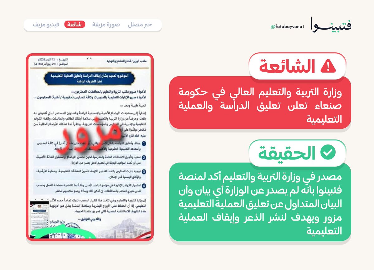 HaiderAlHass's tweet photo. #فتبينوا
في محاولة بائسة من أبواق النظام السعودي، لخلق حالة من الإرباك في العملية التعليمية، نشرت هذه الأبواق تعميمًا مزيفًا، زعمت أنه صادر عن وزارة التربية والتعليم العالي في صنعاء، يقضي بتعليق العملية التعليمية نظرًا للظروف الراهنة. 

والحقيقة أن الخبر كاذب وقد تواصلنا بمصدر مسؤول في وزارة التربية والتعليم العالي، ونفى جملة وتفصيلًا ما ورد في هذا البيان. مؤكدًا أنه لم يصدر عن الوزارة أي بيان بهذا الصدد.
#اليمن
#صنعاء
#فتبينوا