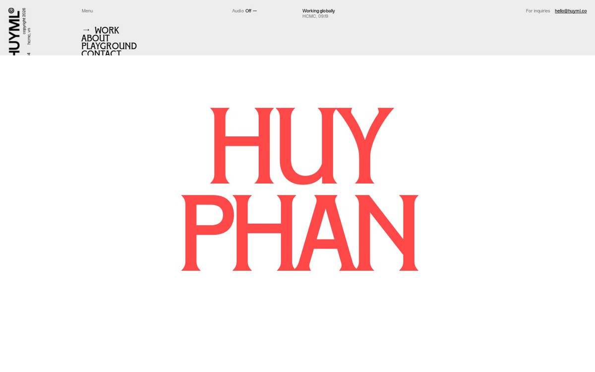 from79067926926's tweet photo. Huy Phan's Vol.2 portfolio won Awwwards Site of the Day: a drawn guy shoves the loader aside, giant red HUY PHAN fills the screen, and work stacks as tilted 3D cards with a huge counter.

Lesson: let one oversized element carry the motion. #webdesign https://t.co/9k4sfUrWX1 https://t.co/blGuqRC7Rh