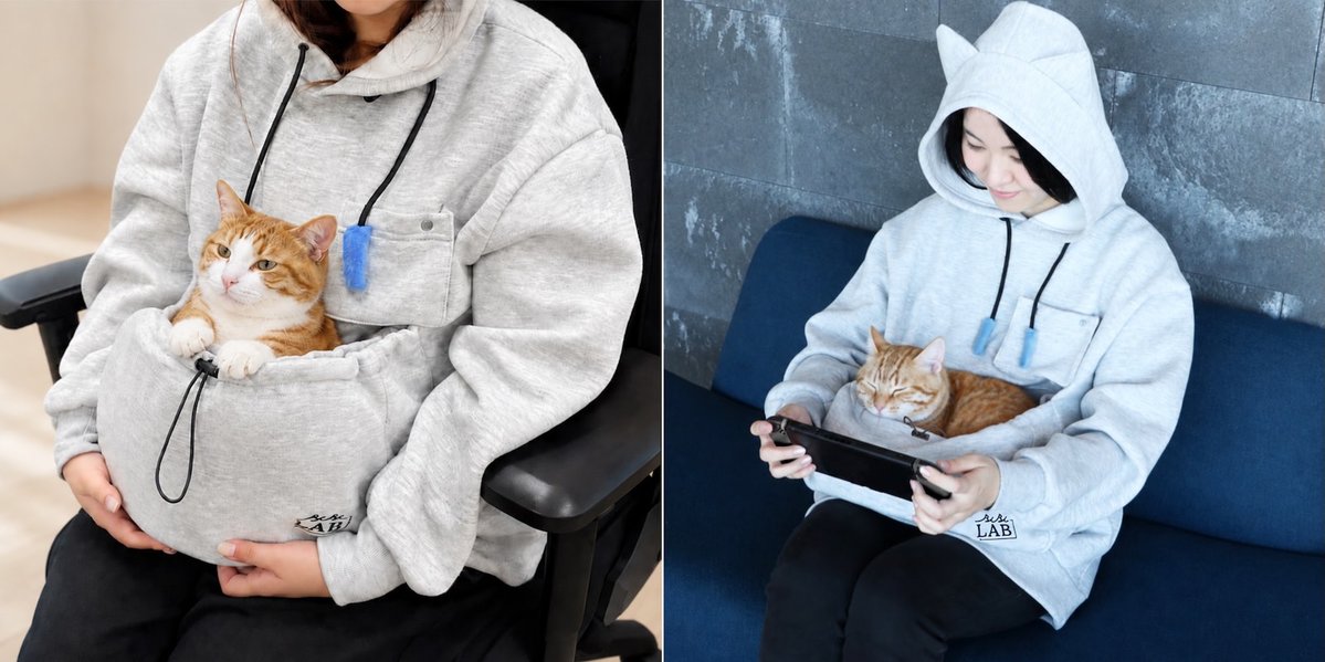 AUTOMATONJapan's tweet photo. “ゲーム中も猫を抱っこしたい”欲望を叶える「にゃんガルーパーカー3」発売。ぽっちゃり猫もすっぽり収納、フードの猫じゃらし紐も完備。ゲームしながら“ネコハラ”され放題
https://t.co/MbIlgUqmxD https://t.co/n0rUzzMtdU