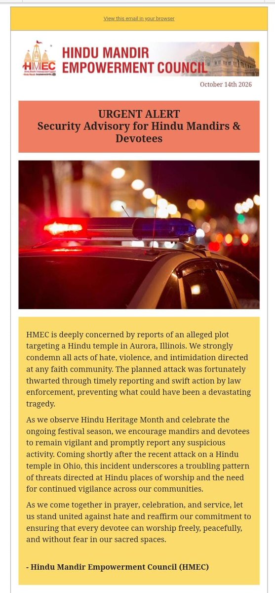 sidhant's tweet photo. Breaking: Top US Hindu body, the Hindu Mandir Empowerment Council (HMEC) issues urgent security alert for temples in US after thwarted alleged plot of shooting at a Hindu temple in Aurora, Illinois https://t.co/SfRLKtvuby