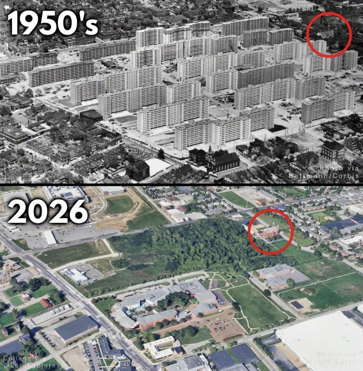 EchoesofWarYT's tweet photo. Pruitt-Igoe public housing project St. Louis, MO 1950s/2026

Built in St. Louis beginning in the early 1950s, the massive public-housing complex opened in 1954–55, with 31 high-rise buildings designed to house thousands of families. It was initially promoted as an innovative approach to modern public housing, replacing deteriorating housing with modern apartments, green space and community facilities. But problems with funding, maintenance, design and administration quickly became apparent, while population shifts dramatically affected the complex.

By 1971, only about half of the buildings were occupied, and the complex had become associated with severe deterioration, vacancy and crime. Two buildings were demolished by implosion in 1972, but the effort to save the remaining complex failed. The rest were ultimately demolished between 1975 and 1976, leaving behind vacant land where one of America's most infamous housing projects had once stood.