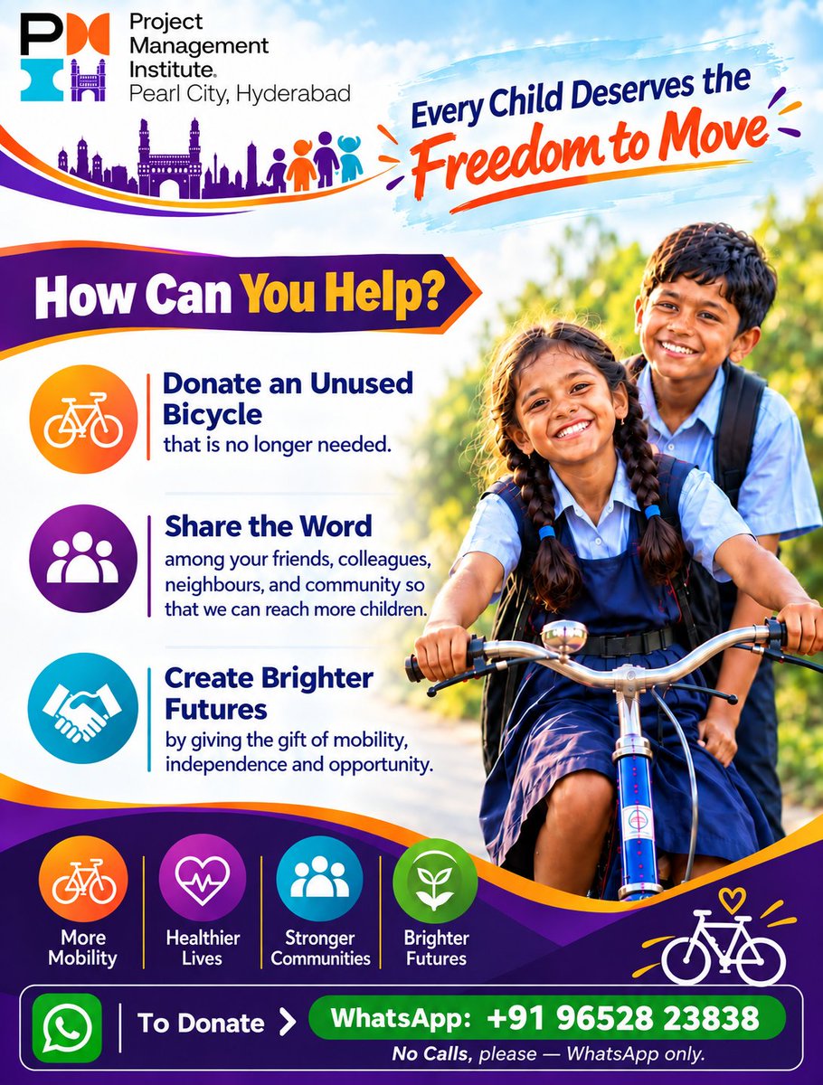 PMIPCC's tweet photo. 🚲 This Children’s Day, give your unused bicycle a new journey. ❤️

Donate a pre-owned bicycle in good, usable condition and help bring the joy and freedom of riding to a child.

📱 WhatsApp: +91 96528 23838 (No Calls)
📧 socialimpact@pmi-pcc.org

#PMIPCC #ChildrensDay2026 https://t.co/c5D66AV7ZT