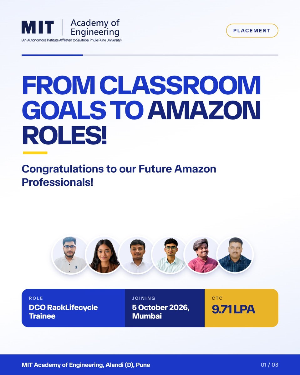 MITAOE's tweet photo. 🚀 From Campus to Amazon! Celebrating six MITAOE students as they begin an exciting new chapter in their professional journey. 🎉👏

#MITAOE #AmazonPlacements #StudentSuccess #CampusToCorporate #PlacementAchievement https://t.co/Xd3HankmhA
