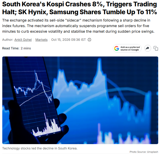 Barchart's tweet photo. BREAKING 🚨: South Korea

Chaos in South Korea after stocks plunge more than 8% triggering a trading halt 📉 📉 https://t.co/SZSmXsVf8R