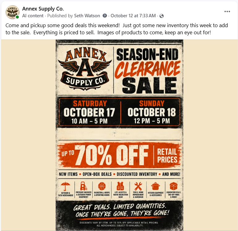 WatchSethBuild's tweet photo. I've been putting more effort into advertising and boosting posts for Annex Supply Co. than I have in the past.

The quality still isn't where I want it to be, and I haven't had the time to really put the sales and marketing funnel to work yet.

I've been using Muse to help create some basic advertising for Facebook and other platforms. It's not perfect, but it gets something out there and keeps things moving.

One thing I'm figuring out is that I can spend a lot of time trying to make something better, or I can get it out there and improve it as I go.

There's still plenty of work to do, but at least things are moving in the right direction.

Action beats perfection!