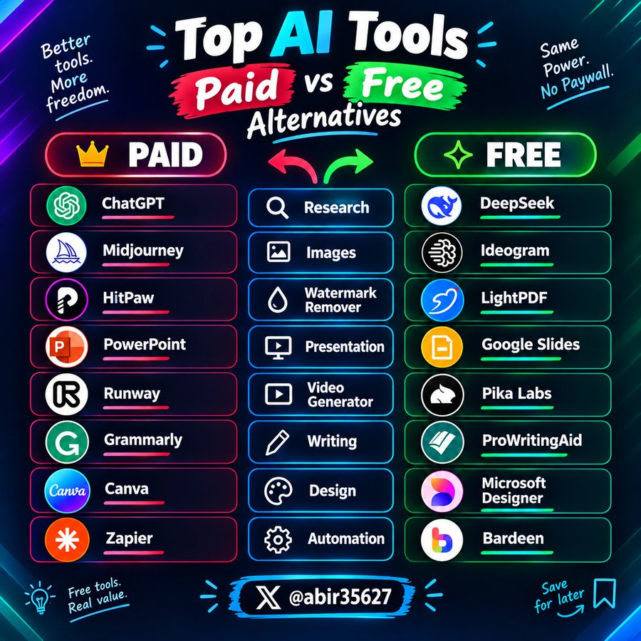 Techbyharry's tweet photo. Paid vs Free AI Tools

1. Research
Paid: https://t.co/9fvBVd6swL
Free: https://t.co/JyLW0rUMAI

2. Video
Paid: https://t.co/Kk5I1wyxA6
Free: https://t.co/NLWlUS37QY

3. Watermark Removal
Paid: https://t.co/rrGoEhlNDb
Free: https://t.co/NLWlUS37QY

4. Image Generation
Paid: https://t.co/sXKmjkiL15
Free: https://t.co/x6gGqbfO4i

5. Presentation Tools
Paid: https://t.co/PHTlMBLnMO
Free: https://t.co/xhNvWFjRmS

Follow
@Techbyharry