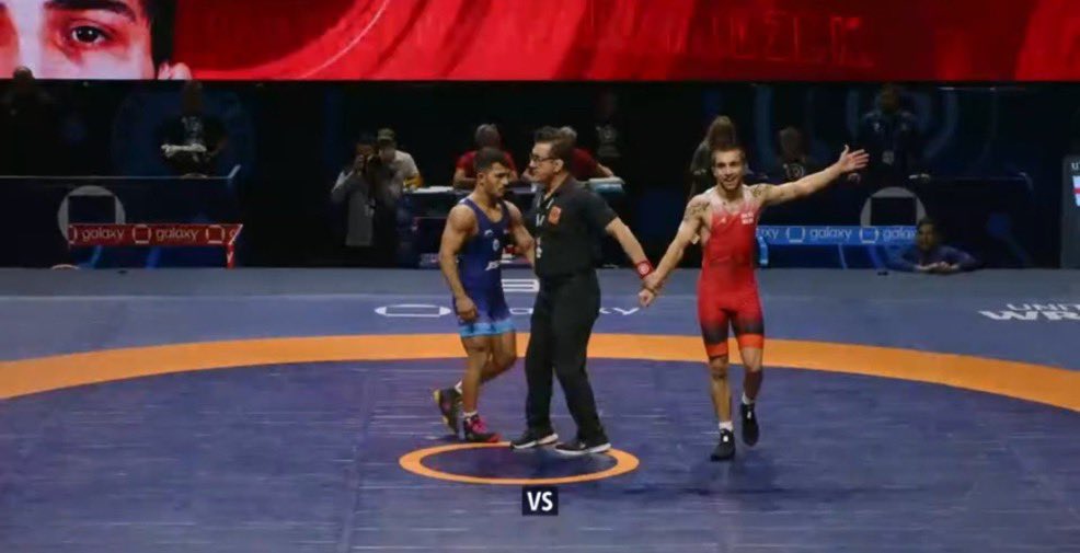 TheKhelIndia's tweet photo. VISHVAJIT MORE WINS HISTORIC SILVER! 🥈

Vishvajit goes down 12-13 to Georgia’s Koba Karumidze 🇬🇪 in the final seconds of the Men’s 55kg Greco-Roman final.

He becomes the FIRST INDIAN EVER to reach a Greco-Roman final at the U23 World Wrestling Championships! 🇮🇳🤼 https://t.co/Cl94nlAbaT