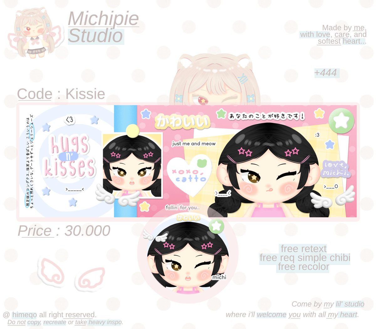 himeqo's tweet photo. help repost pwis? thank u. ︎︎❤︎

˖ 𖠗 🍎  ..  (the studio is dropping something!) 
kenalan yuk sama 4 anak baru chibi layout siap ospek: kissie, datie, dovie dan cards. 🐈‍⬛ ⊹ if there’s any similarities, boleh kabarin secara pribadi ya. ❤︎

layout ufs jika aman💌

#bealanja https://t.co/W2D9X8FVVq