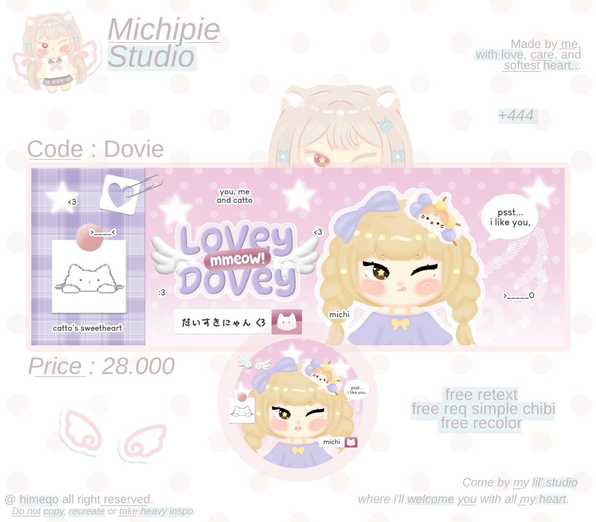 himeqo's tweet photo. help repost pwis? thank u. ︎︎❤︎

˖ 𖠗 🍎  ..  (the studio is dropping something!) 
kenalan yuk sama 4 anak baru chibi layout siap ospek: kissie, datie, dovie dan cards. 🐈‍⬛ ⊹ if there’s any similarities, boleh kabarin secara pribadi ya. ❤︎

layout ufs jika aman💌

#bealanja https://t.co/W2D9X8FVVq