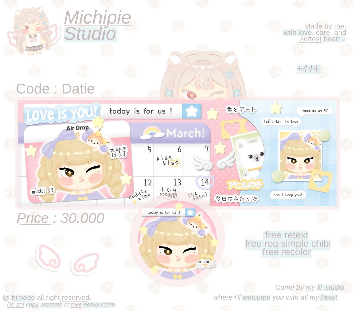 himeqo's tweet photo. help repost pwis? thank u. ︎︎❤︎

˖ 𖠗 🍎  ..  (the studio is dropping something!) 
kenalan yuk sama 4 anak baru chibi layout siap ospek: kissie, datie, dovie dan cards. 🐈‍⬛ ⊹ if there’s any similarities, boleh kabarin secara pribadi ya. ❤︎

layout ufs jika aman💌

#bealanja https://t.co/W2D9X8FVVq