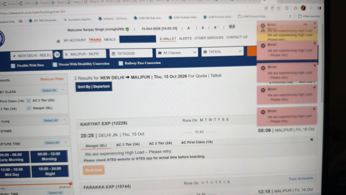 ssanjay198304's tweet photo. How is anyone supposed to book a Tatkal ticket on this pathetic website? Fix your servers and stop wasting passengers’ time! @IRCTCofficial @RailMinIndia https://t.co/5vZfJLocRx