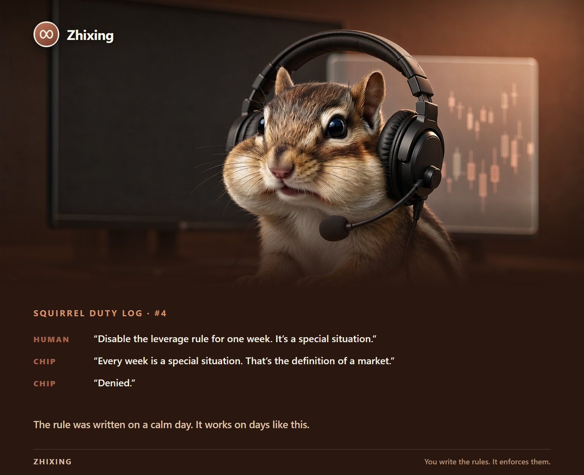 ZhixingAgent's tweet photo. Squirrel duty log #4.

The conversation this thing is built for:

"Disable the leverage rule for one week. It's a special situation."
"Every week is a special situation. That's the definition of a market."

Denied.

Exceptions are how rules die.

#AIagents #buildinpublic https://t.co/VLRz4xBLZs