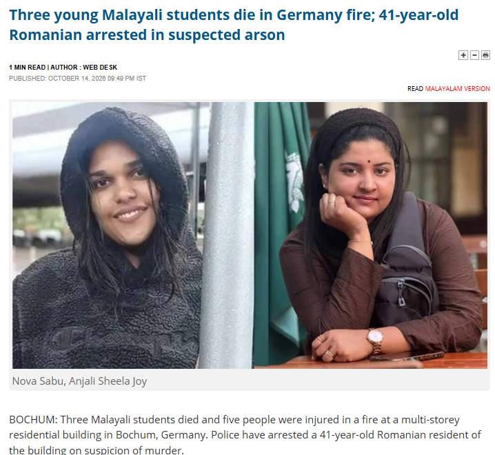 viprabuddhi's tweet photo. Three Christian Mallu students died in Germany in a fire set by a Romanian 🇮🇳🇷🇴✝️

Names:
Anjali Sheela Joy (25)
Nova Sabu (27)
Sivin Johny (26)

80% of the Mallu diaspora in West is made of Christians btw

Majority of the Indian diaspora is made of religious minorities, so the ones spreading hatred against Hindus don't realise they will be the biggest victims of the same

A wignat doesn't care whether you pray to Jesus or listen to Marx, you still remain brown third world migrant to them