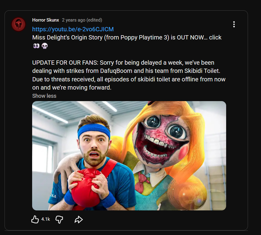 ThierryDeHeimer's tweet photo. Regarding HorrorSkunx case, while a lot is still shady, here's what we managed to find out.

Yesterday, @Horror_Skunx posted a story of how "same people" (probably refers to INVIZ) tried to buy a part in his project and striked him after refusal.

Now, people from community dig out this ancient screenshot, which pours light on the situation.

So HorrorSkunx was making videos on Skibidi Toilet, INVIZ came to him and tried to "purchase" those videos or "a part of the channel", but met the denial and decided to strike the videos.

Most likely, the quoted phrases means INVIZ tried to make a content-creator contract, but they decided that taking off the strikes and hiding their videos is better.

We still be looking forward to the situation to know what happened. This old screenshot also says Alexey Gerasimov (DaFuq!?Boom) was involved, but that be false information.

#LetStriderCOOK #BringBoomBACK
