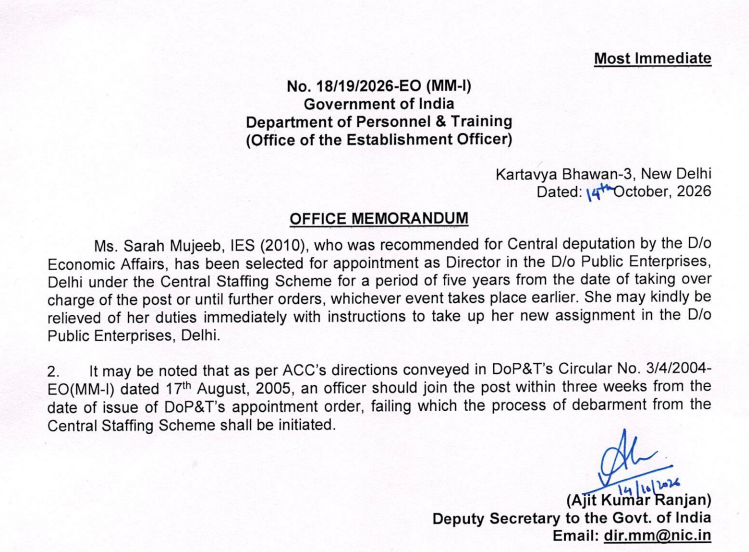CSSforum_'s tweet photo. Appointments under the Central Staffing Scheme:

The Appointments Committee of the Cabinet (ACC) has approved the appointment of the following officers as Directors/Deputy Secretary in various Ministries/Departments:

🔹 Ms. Sarah Mujeeb, IES (2010) – Director, Department of Public Enterprises
🔹 Shri Kaviarasan K, IES (2011) – Director, Ministry of Home Affairs
🔹 Shri Akshay Gopal, IA&AS (2016) – Deputy Secretary, Ministry of Petroleum & Natural Gas
🔹 Ms. Pooja Bhat, IDAS (2012) – Director, Department of Drinking Water & Sanitation
#Appointments #CentralStaffingScheme #DoPT
