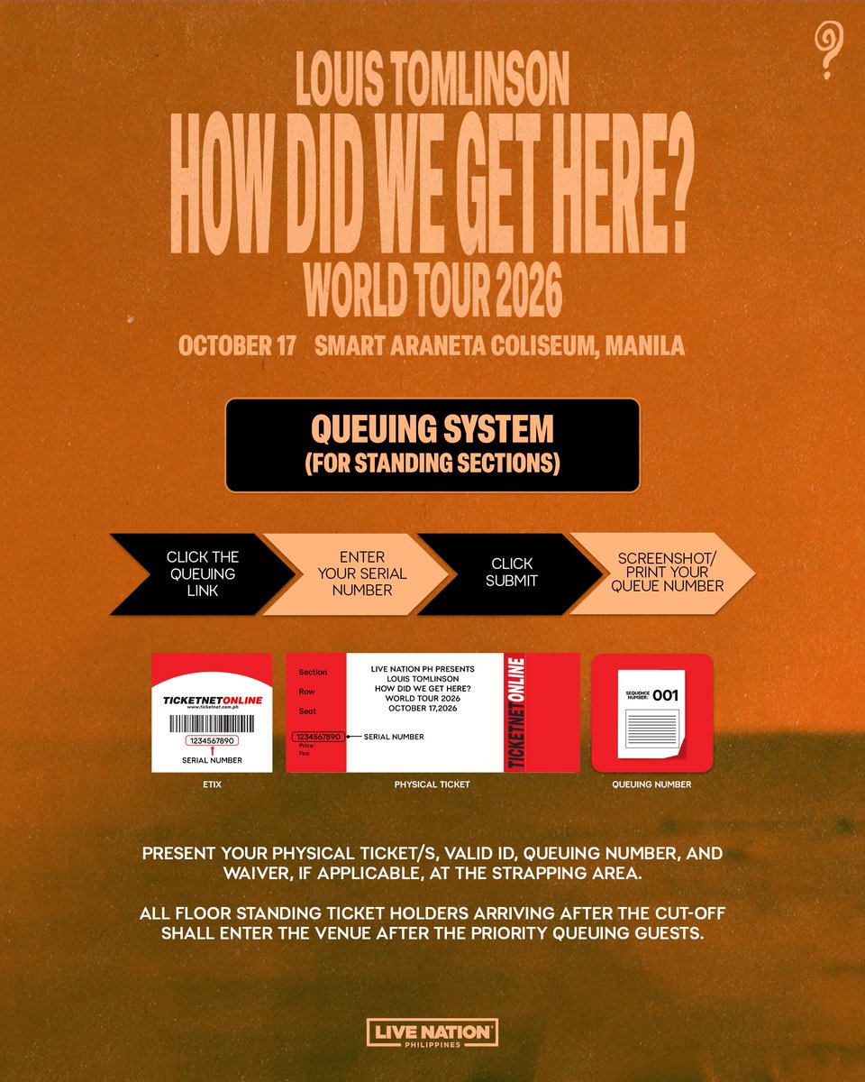 livenationph's tweet photo. Floor Standing ticketholders. your queuing link is here! 🔊 

You may now get your queuing number here: https://t.co/cwoThndmjz

#LouisTomlinsonInManila https://t.co/pE37YErn3q
