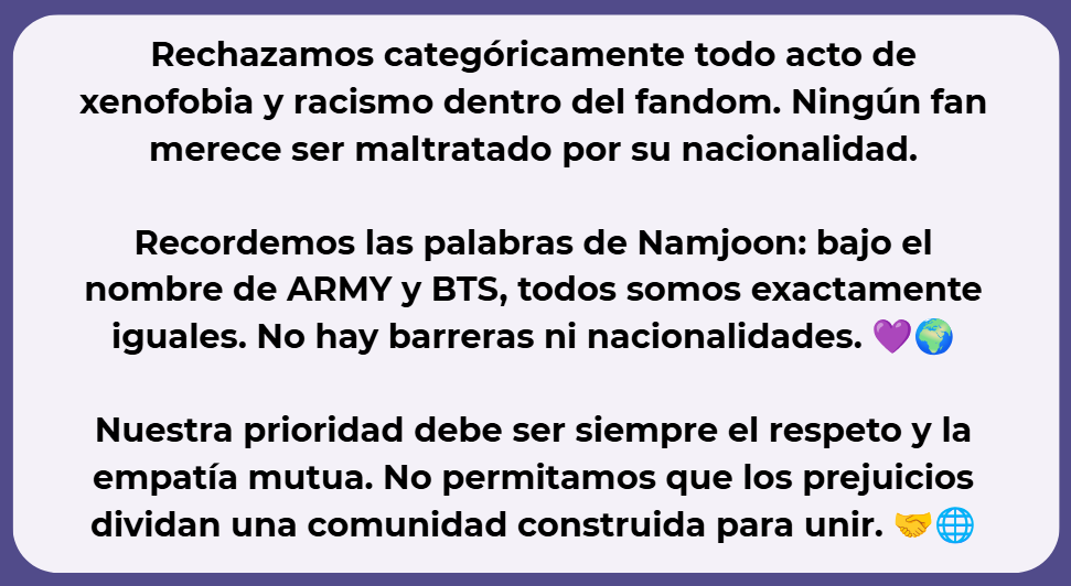 ARMYSpotifyPeru's tweet photo. 📢 PRONUNCIAMIENTO 

Compartimos nuestra postura ante los recientes incidentes reportados. 👇🏼 https://t.co/b96von6mm2