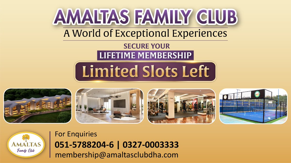 DHAIR_Official's tweet photo. Discover exceptional living at Amaltas Family Club. From fitness to recreation and relaxation, experience more every day.
Limited slots left. Secure your lifetime membership today!
051-5788204-6 | 0327-0003333
#AmaltasFamilyClub #LifetimeMembership #DHAIR https://t.co/VAsy0vpIT9