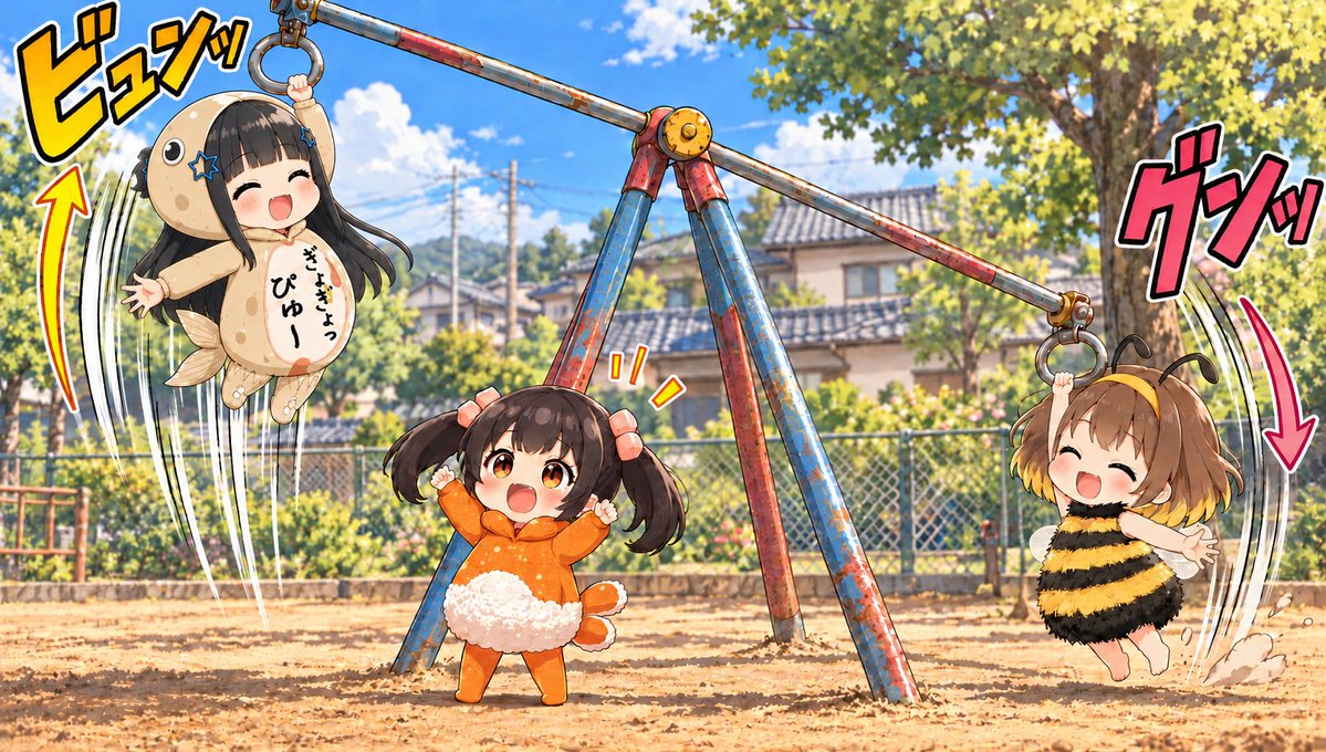 n_youjun's tweet photo. #AIイラスト展
チャレンジテーマ 「昭和・平成レトロでGo!!」
子供の頃に公園にあった遊具
「地球儀」「空中シーソー」「箱型ブランコ」
どれも制限をする機構がなかったので勢いをつけた分、激しく動くスリリングな遊具でした(*'▽') https://t.co/VW3xPYOkCq