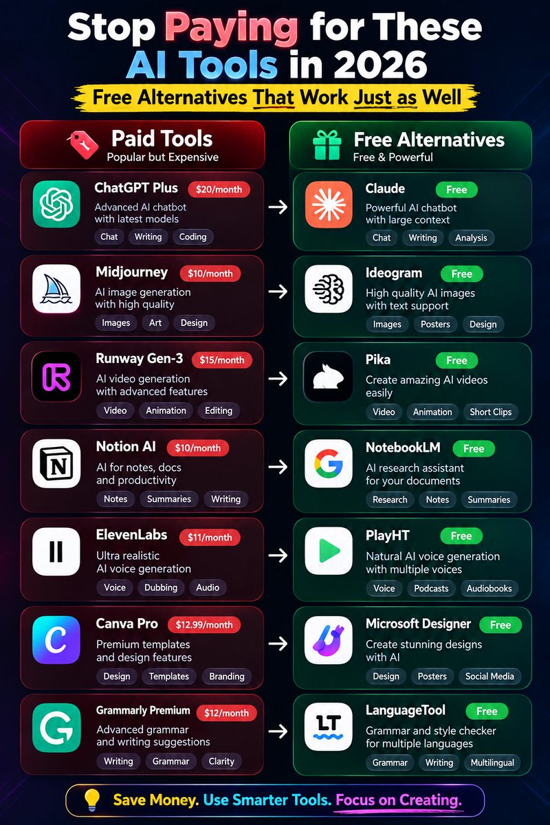 AnishJaitwar's tweet photo. Stop paying for AI tools before you see this. 👀

These free alternatives can help you:
→ Create AI images
→ Generate videos
→ Research faster
→ Design better
→ Improve your writing

Why pay more when free options exist?

🔖 Save this list for later.
♻️ Repost to help other creators.

Which free AI tool is your favorite? 👇

#AITools #ArtificialIntelligence #Productivity