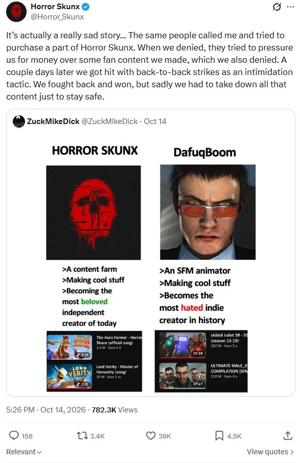 ThierryDeHeimer's tweet photo. Regarding HorrorSkunx case, while a lot is still shady, here's what we managed to find out.

Yesterday, @Horror_Skunx posted a story of how "same people" (probably refers to INVIZ) tried to buy a part in his project and striked him after refusal.

Now, people from community dig out this ancient screenshot, which pours light on the situation.

So HorrorSkunx was making videos on Skibidi Toilet, INVIZ came to him and tried to "purchase" those videos or "a part of the channel", but met the denial and decided to strike the videos.

Most likely, the quoted phrases means INVIZ tried to make a content-creator contract, but they decided that taking off the strikes and hiding their videos is better.

We still be looking forward to the situation to know what happened. This old screenshot also says Alexey Gerasimov (DaFuq!?Boom) was involved, but that be false information.

#LetStriderCOOK #BringBoomBACK