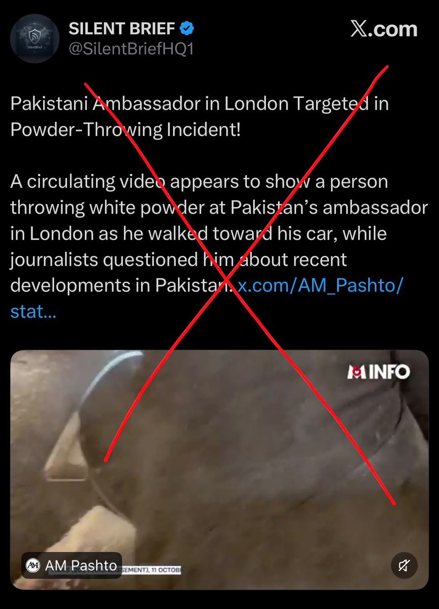 EPropoganda1's tweet photo. FACTCHECK ⚠️

 Indian and Afghan social media accounts are spreading false claims that a Pakistani ambassador was attacked with powder. 

The video actually shows French presidential candidate Raphaël Glucksmann, 

And the incident took 
place in Paris, not London. https://t.co/WGFZKuF6Cq