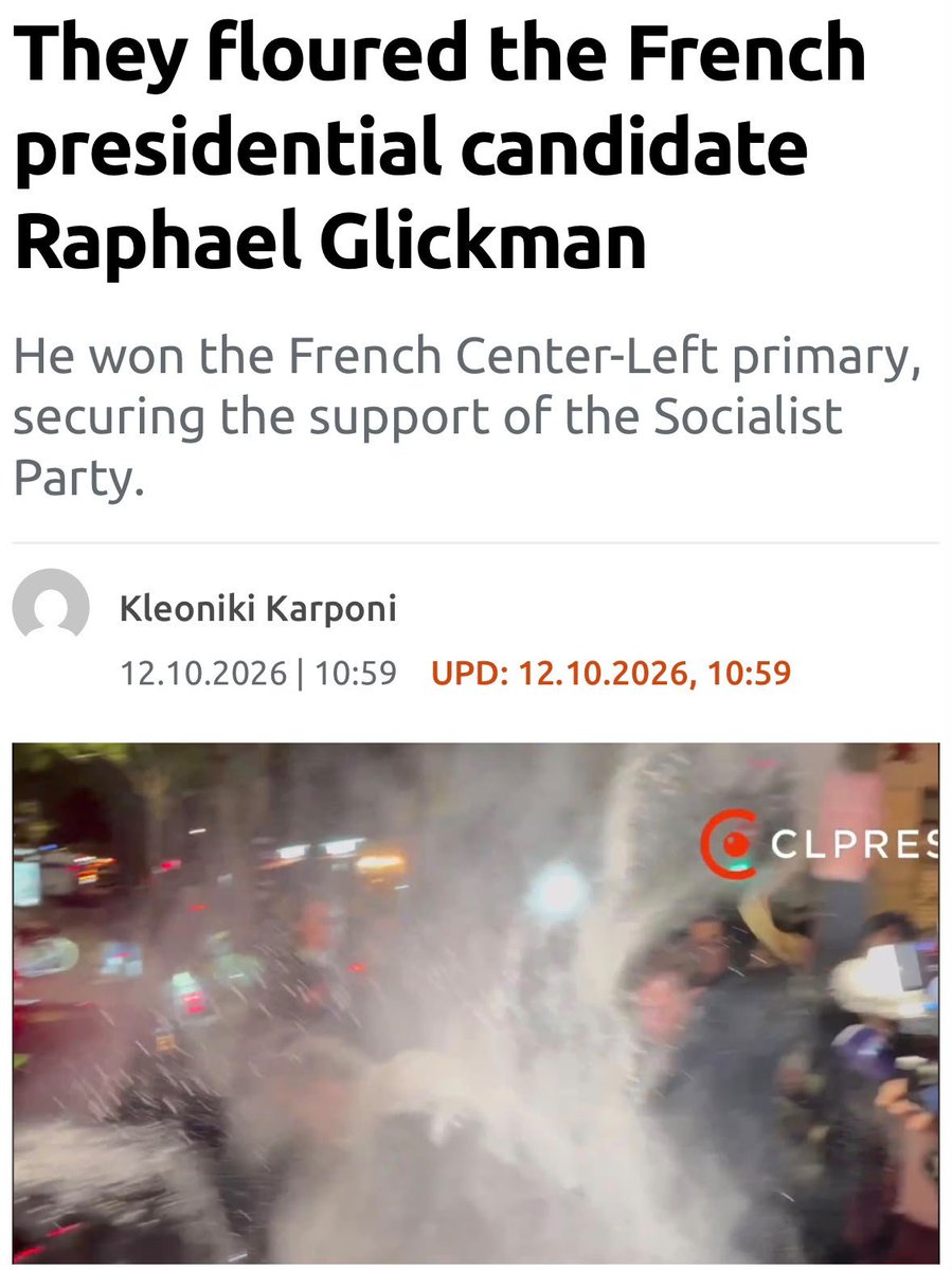 EPropoganda1's tweet photo. FACTCHECK ⚠️

 Indian and Afghan social media accounts are spreading false claims that a Pakistani ambassador was attacked with powder. 

The video actually shows French presidential candidate Raphaël Glucksmann, 

And the incident took 
place in Paris, not London. https://t.co/WGFZKuF6Cq