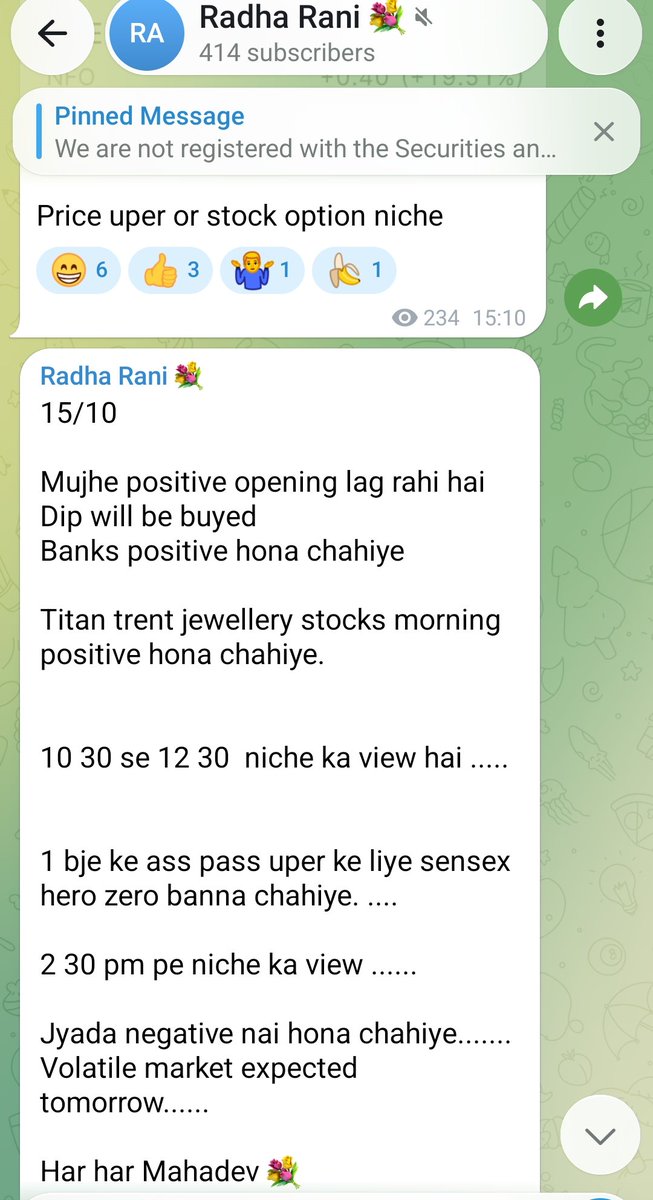 Radharani1507's tweet photo. 15 oct 
Posted yesterday today's move........ Har har Mahadev 💐 
Like share comment retweet 
#nifty https://t.co/tcZ7xuvR89