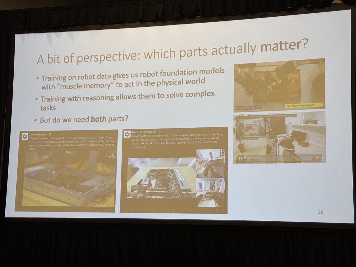 junfanzhu98's tweet photo. 🤖 “Someday, ALL AI will be built on physical interaction.”
That’s the bold prediction @svlevine Sergey Levine shared while closing the @COLM_conf Lifelong Agents Workshop. #COLM2026

@svlevine also highlighted our 😍 😍 Saturday Robotics 🤗 🤗 @saturdayrobotic #18 speaker @Guanming717 & @gen_instinct's work.

6 takeaways on future of robot learning 👇

1️⃣ MEMORY: What to remember is a decision 🧠
• Raw image history is slow and can create causal confusion.
• Diverse pretraining—not just extra loss terms—helps build better representations.
• Seconds of video → minutes of self-written notes → tasks lasting 15 minutes.
• Robots WILL fail. The goal: adapt within 1–2 attempts.
• Next frontier: memory that lasts weeks.

2️⃣ π0.7: Teach robots HOW, not just WHAT 🎯
• Prompts need procedural guidance: metadata tags + subgoal images.
• Naively merging datasets fails; context makes heterogeneous data useful.
• One ~5B generalist can rival specialized RL systems.
• Zero-shot UR5e shirt folding: 80% success vs. 80.6% for expert humans.
• Language + images become robot “thoughts”; grounding turns semantic generalization into physical action.
• Robots can remix skills like LLMs remix knowledge. Verbal coaching can teach new tasks.

3️⃣ RECAP / π*0.6: Practice changes everything
• Imitation learning is limited by its demonstrations.
• In control, errors compound. SFT alone isn't enough.
• Condition, don't filter: train on ALL data with advantage labels, steering the policy toward positive outcomes.
• Corrections fix mistakes; practice builds speed.
• Reported results: >2× throughput and ~2× fewer failures on hard tasks—from 13 hours of espresso-making practice.
• Policy gradients don't scale cleanly to large flow-matching VLAs.

4️⃣ SARL: RL on thoughts, not just actions
• Optimize prompts and reasoning—not only motor commands.
• Reported success: ~0% → up to 80% in 60–100 episodes.
• Make each exploration step build on a known skill.
• Decomposition without grounding fails; grounding without decomposition struggles with long-horizon tasks.
• Semantic-level RL + action-space RL = complementary capabilities.
• The VLA prior may ultimately be the ceiling.

5️⃣ What actually matters? Muscle memory + reasoning
💪 Robot data builds reliable sensorimotor skills.
🧠 Reasoning enables flexible planning and generalization.
BC alone is reactive. Reasoning alone can be brittle and slow.
The leap comes from combining both.

6️⃣ BIG PICTURE
We understand the world by interacting with it. An AI that must act in the physical world may develop a fundamentally different understanding from one that only observes.
Robot data is scarce today. Tomorrow, robots could generate vast amounts through practice and deployment.
They won't just learn from datasets. They'll keep learning from experience.
The long-term bet: every AI system may eventually be built on a foundation of physical interaction.
Is physical experience the missing ingredient for general intelligence?

#Robotics #EmbodiedAI #VLA #PhysicalAI #COLM2026 #SaturdayRobotics