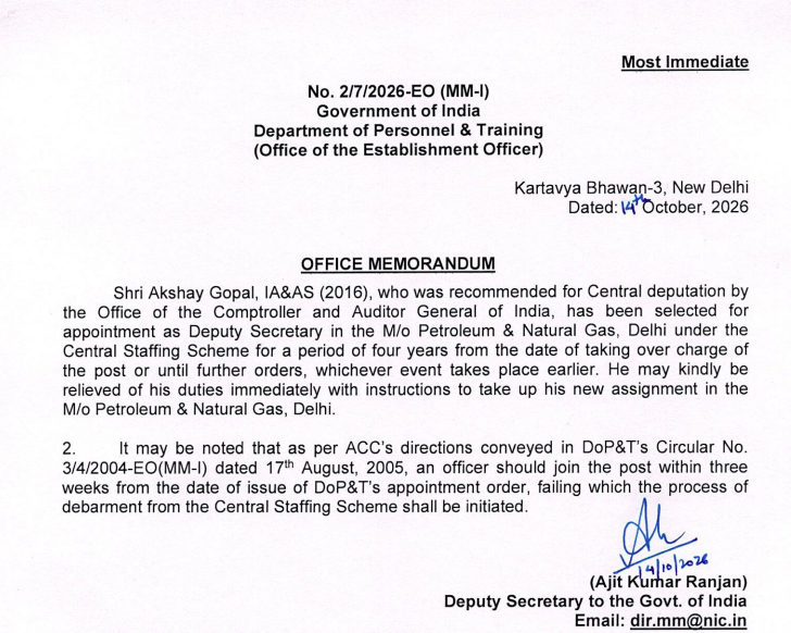 CSSforum_'s tweet photo. Appointments under the Central Staffing Scheme:

The Appointments Committee of the Cabinet (ACC) has approved the appointment of the following officers as Directors/Deputy Secretary in various Ministries/Departments:

🔹 Ms. Sarah Mujeeb, IES (2010) – Director, Department of Public Enterprises
🔹 Shri Kaviarasan K, IES (2011) – Director, Ministry of Home Affairs
🔹 Shri Akshay Gopal, IA&AS (2016) – Deputy Secretary, Ministry of Petroleum & Natural Gas
🔹 Ms. Pooja Bhat, IDAS (2012) – Director, Department of Drinking Water & Sanitation
#Appointments #CentralStaffingScheme #DoPT