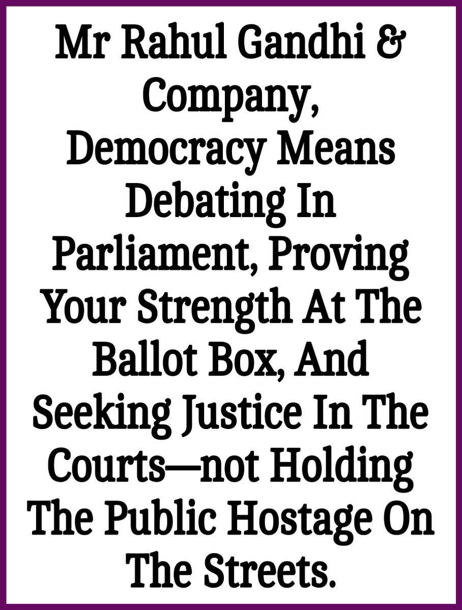 Jeetend79740286's tweet photo. Mr Rahul Gandhi &amp; Company, Democracy Means Debating In Parliament, Proving Your Strength At The Ballot Box, And Seeking Justice In The Courts-not Holding The Public Hostage On The Streets. @RahulGandhi @INCIndia https://t.co/SAV1aSwipQ