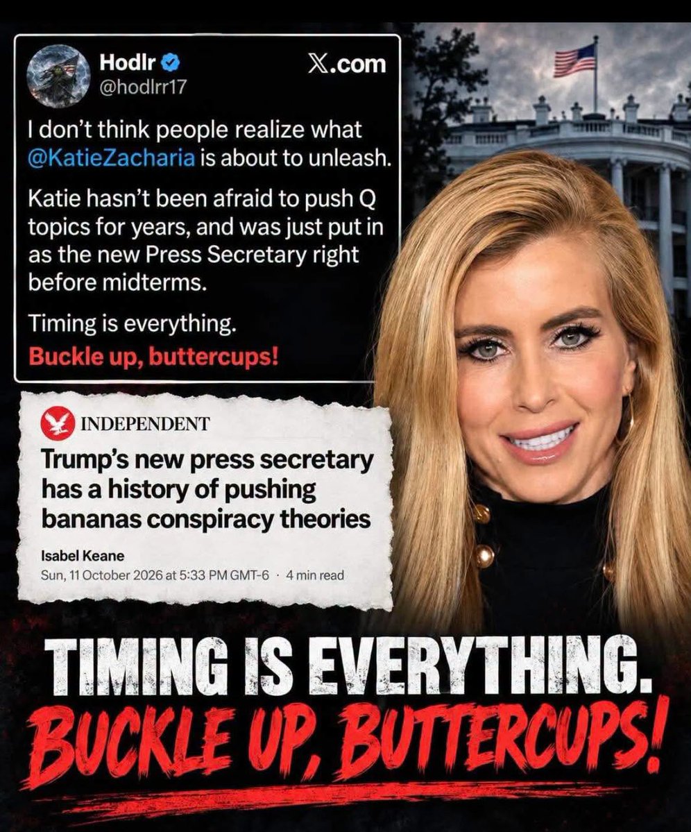 PaulGoldEagle's tweet photo. New Press Secretary KATE ZACHARIA (Actor 2.0) is going to bring the THUNDER in the STORM by FLOODING us with TRUTH.
 Buckle Up ‼️‼️‼️

At the same time, you should know by know Trump puts EVERYONE in the SPOTLIGHT for a reason to EXPOSE 1.0 Kate and her Movie producer husband. Connect dots 🐇 🕳️ 🪏‼️‼️‼️

This is GOOD news for those who are confused. 

🔥🔥🔥🐸🍿🍿🍿

H/T Jenn Whitney