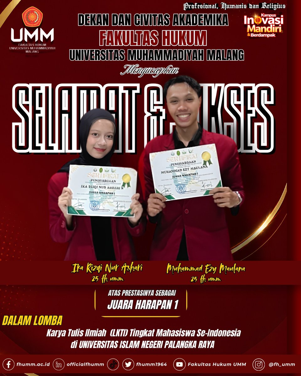 fhumm1964's tweet photo. PROUD MOMENT! PRESTASI GEMILANG MAHASISWA FAKULTAS HUKUM UMM! https://t.co/snL1V5zSMW