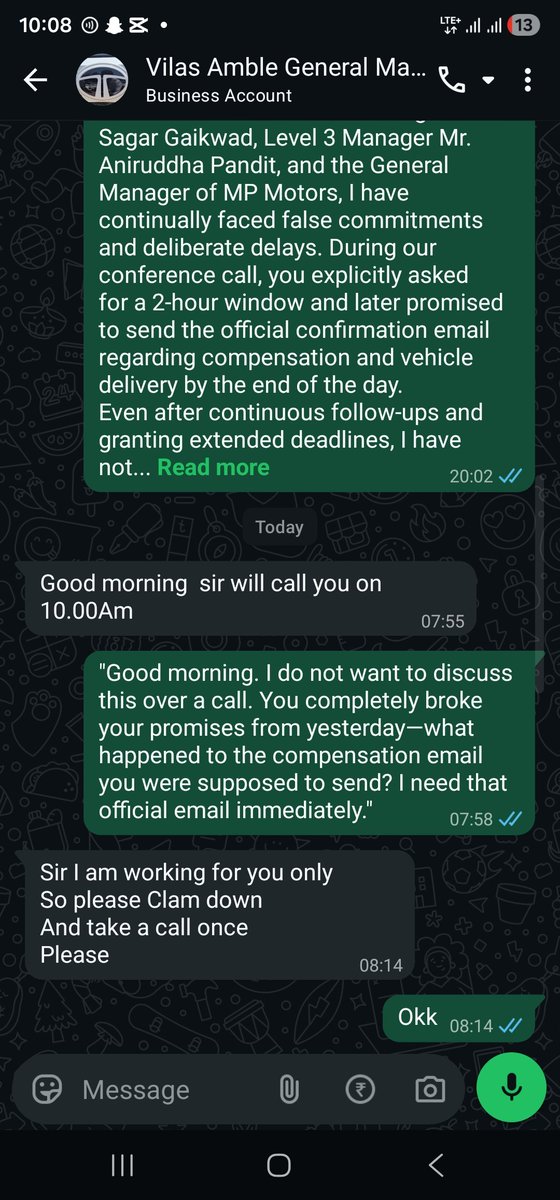 ja22553316's tweet photo. Unbelievable unprofessionalism by @TataMotors_Ev &amp;MP Motors Nashik! Tata Tigor EV (MH01EB0430) is stuck for 50+ days. Dealer GM Mr. Vilas Amle breaks every commitment, lies on record, and even fails to keep scheduled call times today after fake promises. Severe mental harassment. https://t.co/wlm6BkIu77