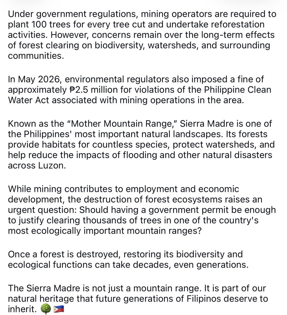 rantsss9's tweet photo. Nakakagalit at nakakalungkot. 😭💔 Approximately 12,000 trees cut down sa Sierra Madre para sa mining operations, at ang dahilan ay may permits sila?

Hindi sapat na may permit kung kapalit naman nito ang pagkasira ng ating kalikasan. Hindi basta bastang mga puno lang yan. Sierra Madre protects communities from floods, shelters wildlife, and helps protect our future. If we continue to destroy our environment, ordinary Filipinos will be the ones who suffer the most.

Development for whom, kung kalikasan at kinabukasan naman natin ang kapalit? 

#SaveSierraMadre