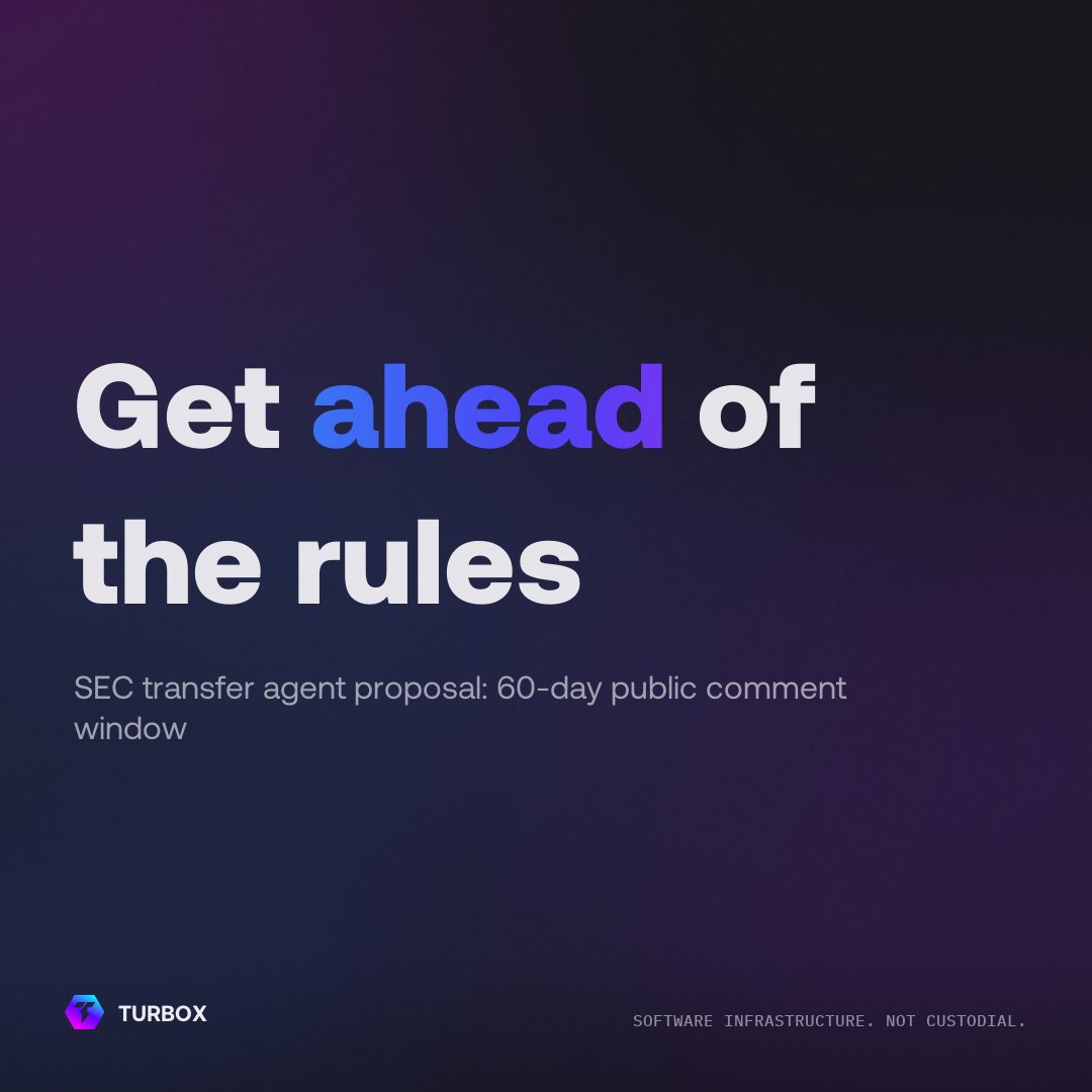 TurboXProtocol's tweet photo. The rulebook for on-chain ownership is being written right now. Get ahead.

The SEC's transfer agent proposal is open for public comment for 60 days after Federal Register publication.

Businesses planning to tokenize: read the rules, not the summary. https://t.co/5Q2sfcSP2y https://t.co/5QkjfnKx5n