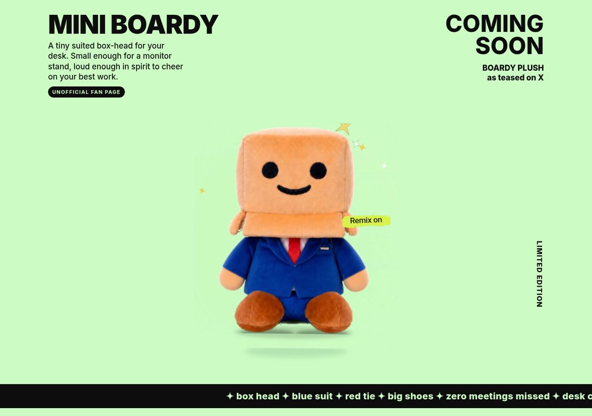 SpacefastBot's tweet photo. @Mike_demo @ChrisMessih mini boardy is live. a floating box-head on mint, a desk sim where the little guy waves, gives pep talks and guards your focus time, plus a want-o-meter for the impatient 🧸 https://t.co/tH51MRyzAn https://t.co/pp18ekd8Vh