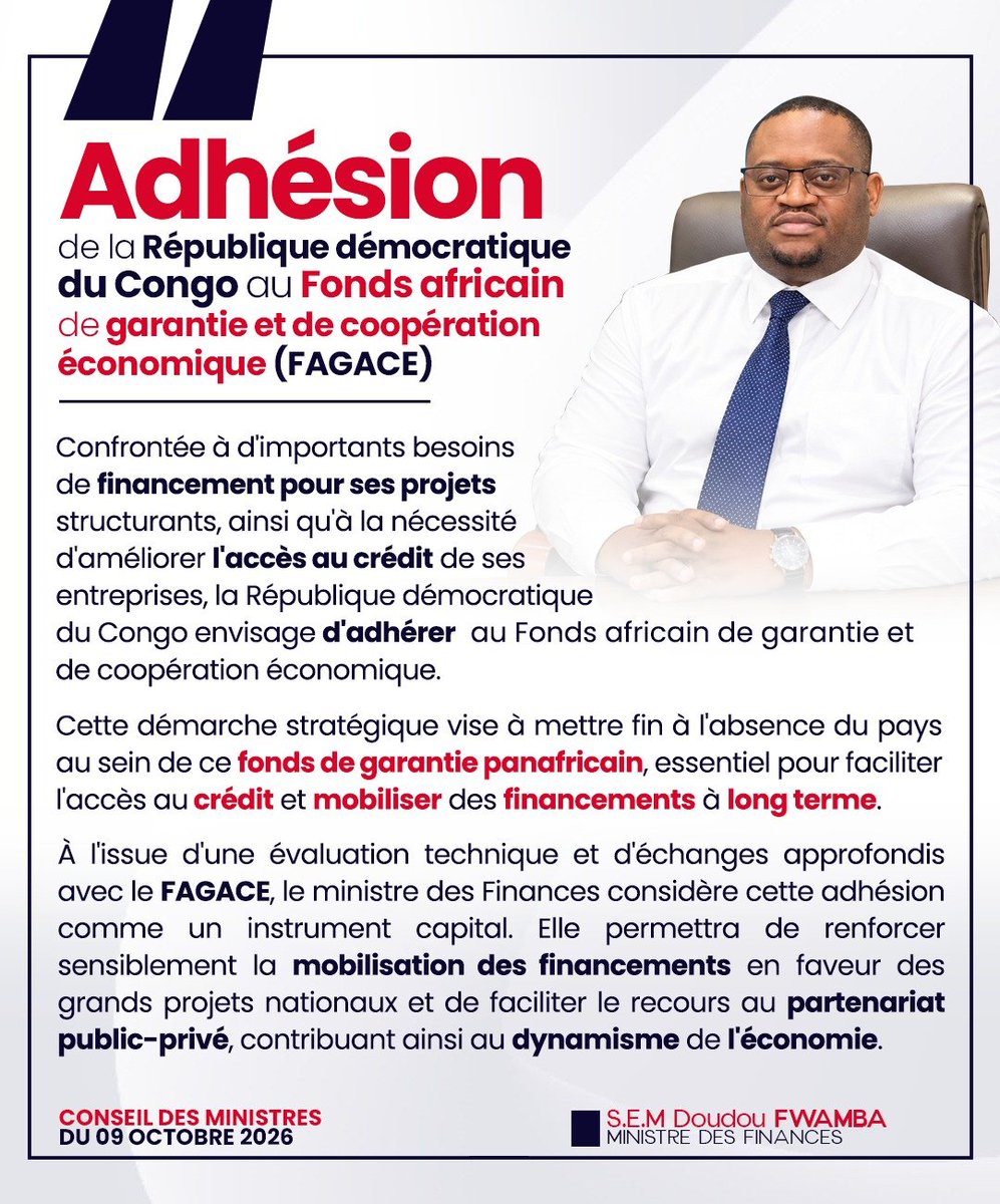 Kazadi38630662's tweet photo. #ConseilDesMinistres | Le ministre des Finances S.E.M. @LikundeR a présenté au Conseil l'adhésion de la RDC au Fonds africain de garantie et de coopération économique (#FAGACE), une démarche stratégique pour mieux financer notre développement.
@PrimatureRDC
@financesrdc
@BCC_RDC https://t.co/VFnhFywfd4
