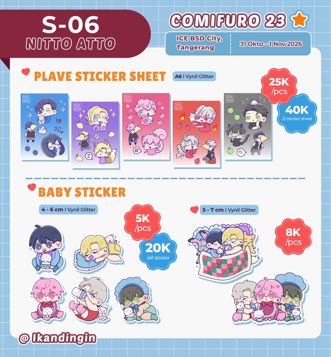 ikandingin's tweet photo. #comifuro23  #cf23 catalog 🌸
(❤️&amp;📷 are super appreciated!)

✉️Bisa DM untuk Pick up atau PO 
🌸OTS, Pick up
📅31 Okt - 1 Nov
🚩 S06 I Nitto Atto (with @pinkeuorenji)
✨Original Comic, PLAVE, ALD1, Lawlight (DN), Hugo &amp; Lycaon (ZZZ)

Sampai ketemu disanaa 💙 https://t.co/hCL1hoeyyk