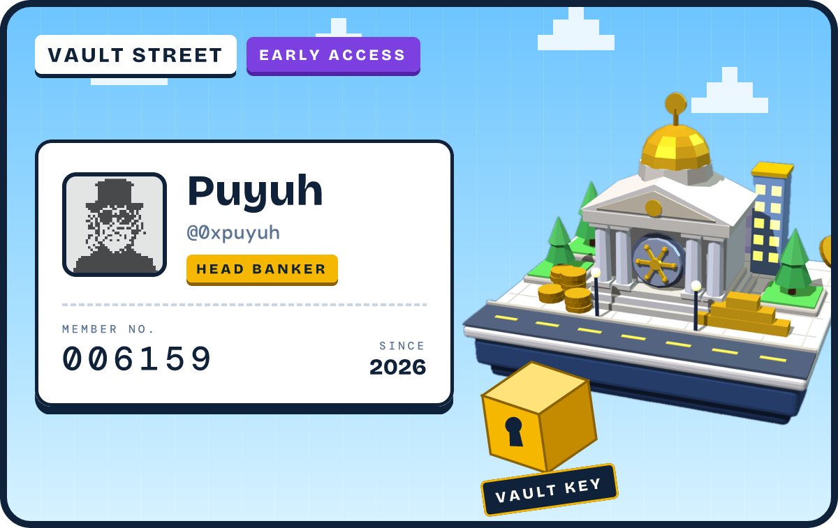 0xpuyuh's tweet photo. Got my Vault Street early access card 🏦 https://t.co/Z6xaZ3lJPc https://t.co/6qYphqy0Rm
