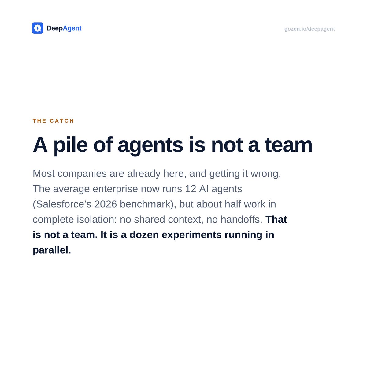 GoZen_Tech's tweet photo. The average company runs 12 AI agents.

Half of them talk to no one.

That's the state of "multi-agent systems" in 2026: everyone built the team, almost no one built the coordination.

A pile of agents isn't a team. Orchestration and handoffs are what make it one. https://t.co/2CQo4EuwzK