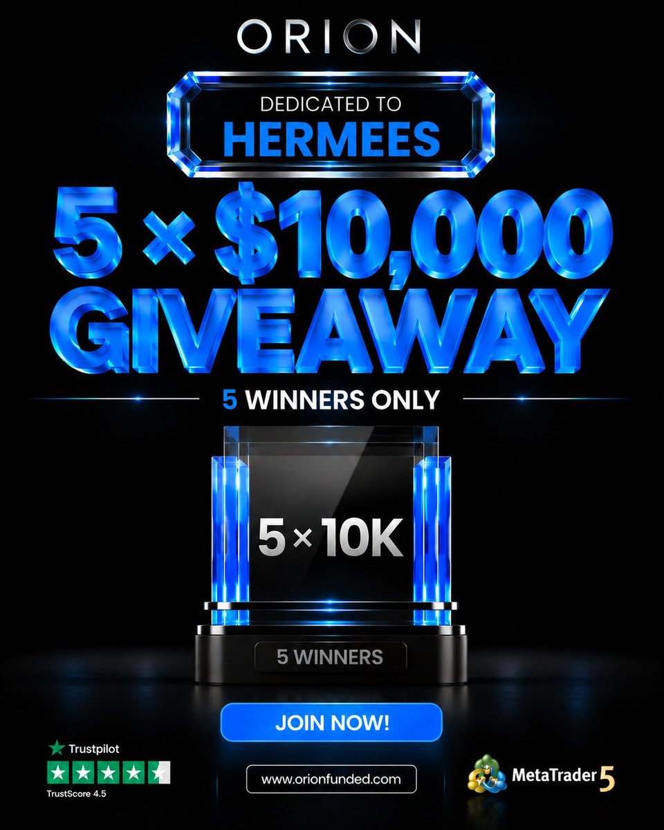 Hermees01's tweet photo. 🚨 $50,000 ORION FUNDED GIVEAWAY! 🚨

We’re giving away 5 × $10K funded accounts to the community! 🔥🔥

HOW TO ENTER:
1️⃣ Follow @OrionAffiliates
2️⃣ Follow @orionfundedcom
3️⃣ Follow @Hermees01 
4️⃣ Like &amp; repost this post
6️⃣ Tag 3 friends

Winners in 72hrs https://t.co/TSIqocExHn