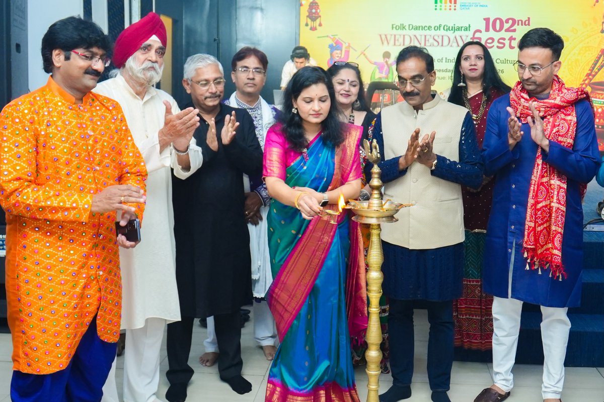 IndEmbDoha's tweet photo. Ms. Prathima Reddy, spouse of Ambassador of India to Qatar, H.E. Dr. K. Srikar Reddy, attended Wednesday Fiesta – A Celebration of Indian Arts & Culture, featuring the Folk Dance of Gujarat, organised by the Indian Cultural Centre (ICC) on 14 October 2026 at ICC Ashoka Hall.

The evening showcased Gujarat’s vibrant cultural heritage through energetic folk dances, colourful traditional attire and rhythmic music. A special competition across five categories added to the festive spirit, celebrating the participants’ talent and enthusiasm.

The event brought together members of the Indian community in a celebration of India’s rich cultural diversity and traditions.

#IndiaInQatar #IndianCulture #GujaratFolkDance #CulturalDiplomacy
