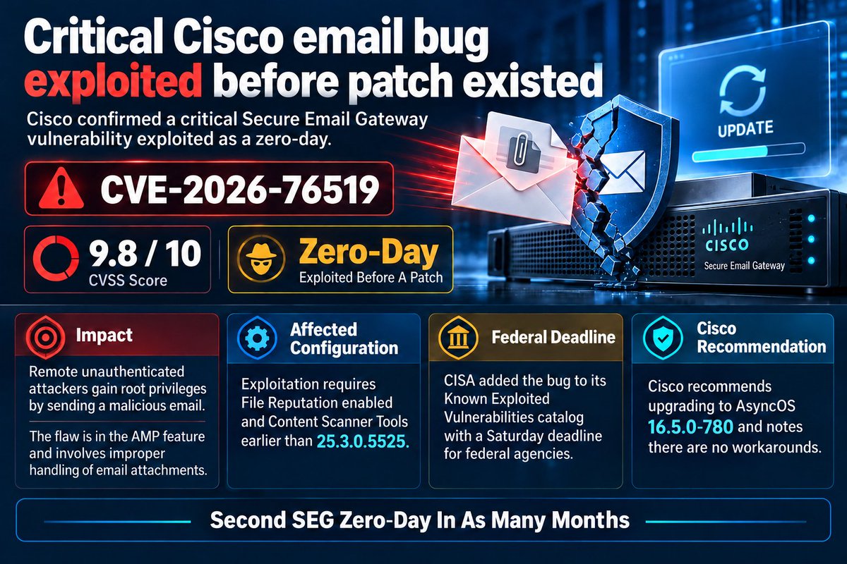 ApollonVisual's tweet photo. Cisco SEG zero-day exploited with root access via email

Cisco urged customers to patch a critical vulnerability in its Secure Email Gateway that has been exploited as a zero-day. 

The bug is tracked as CVE-2026-76519 and received a CVSS rating of 9.8 out of 10. It allows remote unauthenticated attackers to write files and execute commands with root privileges by sending a malicious email. 

The flaw exists in the Advanced Malware Protection feature and stems from improper handling of email attachments. 

Both Cisco and CISA issued separate advisories on Wednesday warning of active exploitation. 

CISA added the vulnerability to its Known Exploited Vulnerabilities catalog and set a Saturday deadline for federal agencies to apply fixes. 

The vulnerability affects physical and virtual appliances when the File Reputation service is enabled and Content Scanner Tools is earlier than version 25.3.0.5525. 

Cisco recommends customers running AsyncOS Software earlier than v16.5 migrate to 16.5.0-780 and states there are no workarounds.