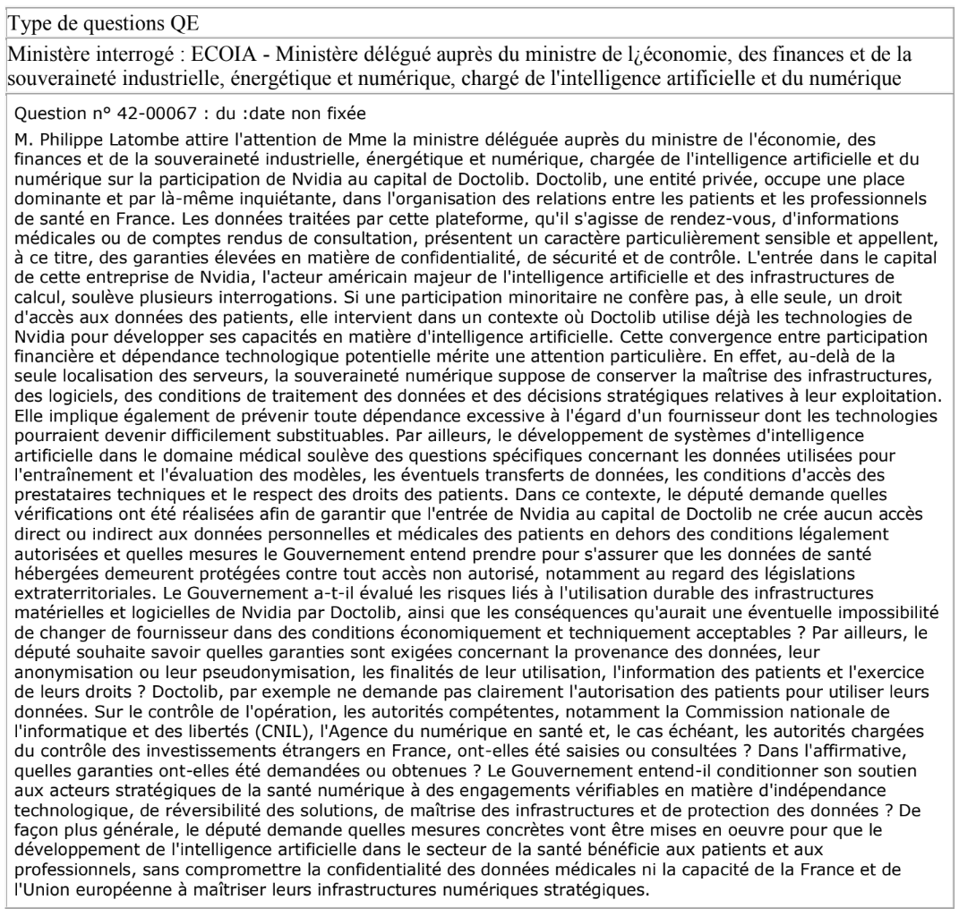 reesmarc's tweet photo. Participation de @nvidia dans @doctolib "Quelles mesures le Gouvernement entend prendre pour s'assurer que les données de santé hébergées demeurent protégées contre tout accès non autorisé, notamment au regard des législations extraterritoriales ?" questionne le député @platombe https://t.co/zZ4sYYPDwZ