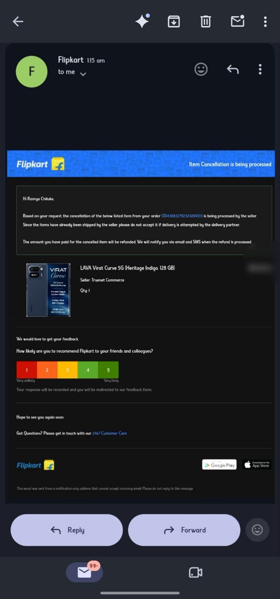 venky_chiluka's tweet photo. Cancelled by @Flipkart, but the email falsely says "Based on your request"! I never cancelled my order (OD438832792324281100). Why are you generating fake cancellation requests on the customer's behalf? @flipkartsupport clarify this right now. https://t.co/GekSgqD4Uy