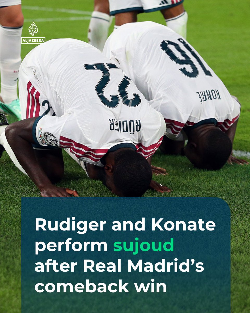 AJE_Sport's tweet photo. Real Madrid's Antonio Rudiger and Ibrahima Konate perform sujoud, the Muslim act of prostration, after Rudiger's 90th-minute goal seals a comeback victory over AS Roma in the UEFA Champions League. https://t.co/csKyl13Nhq
