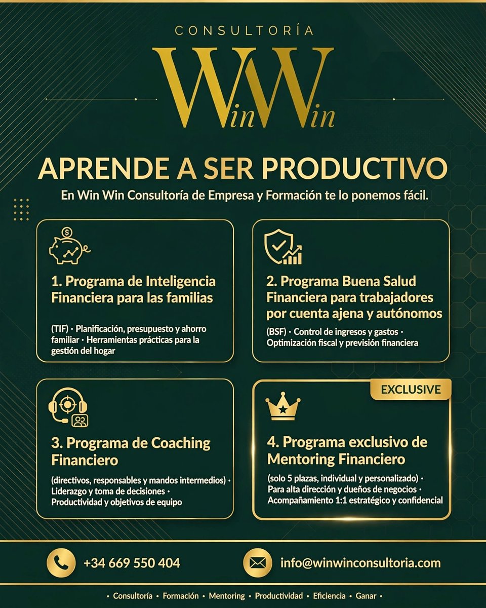 WinWinCEF's tweet photo. trabajadores y autónomos
🎯 Coaching Financiero para directivos y mandos
👑 Mentoring Exclusivo 1:1 para alta dirección y dueños de negocio [SOLO 5 PLAZAS]

Elige tu nivel y empieza a ganar.
 📞 +34 669 550 404
📧 info@winwinconsultoria.com

 #winwinconsultoria #GanamosTodos https://t.co/Ytd0tpH6dm