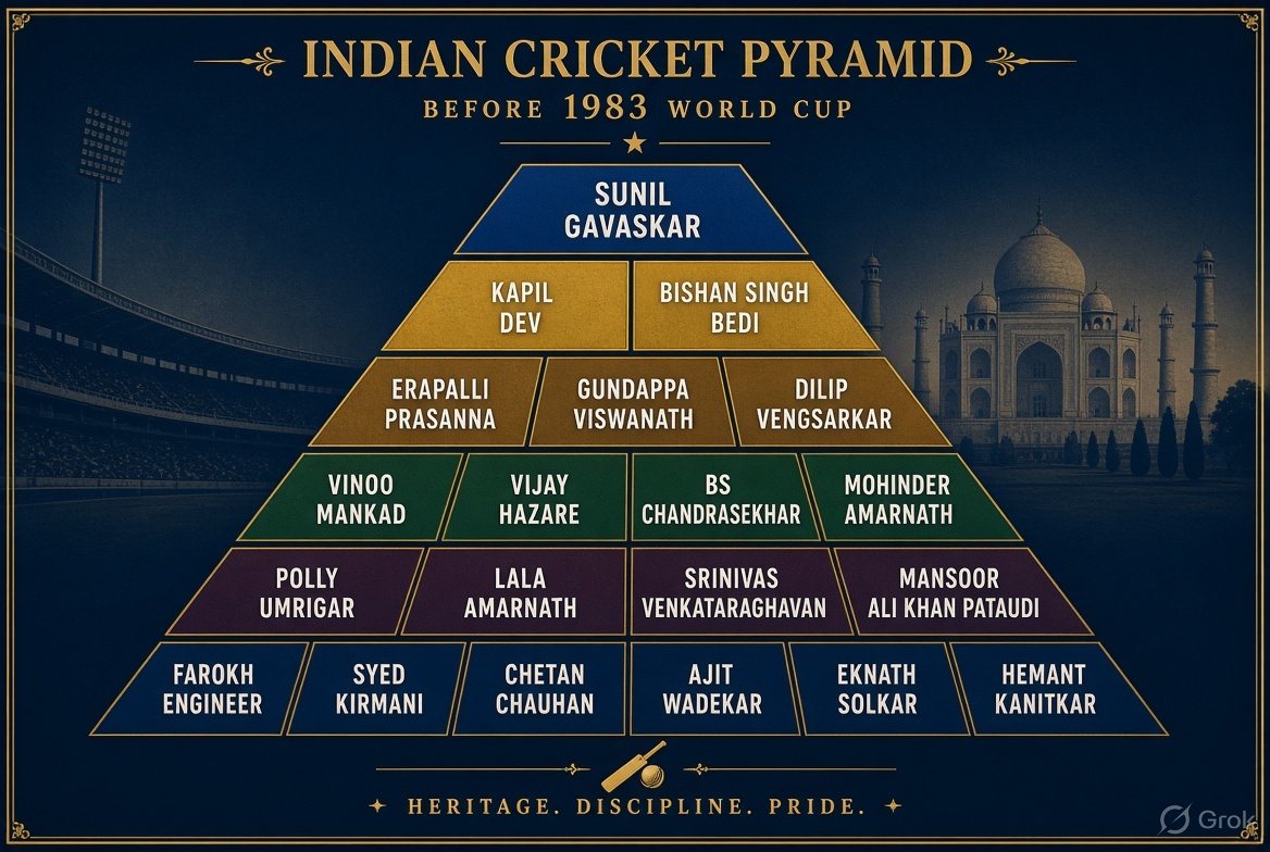 imnoone_79's tweet photo. Before the 1983 World Cup, these legends built the foundation of Indian cricket.
From Sunil Gavaskar’s batting masterclass to the spin quartet and early all-rounders — this is the pyramid of talent that paved the way for glory.
Who would you move up or down?
#IndianCricket #Before1983 #Gavaskar #KapilDev #SpinQuartet #CricketLegends #TeamIndia #CricketHistory